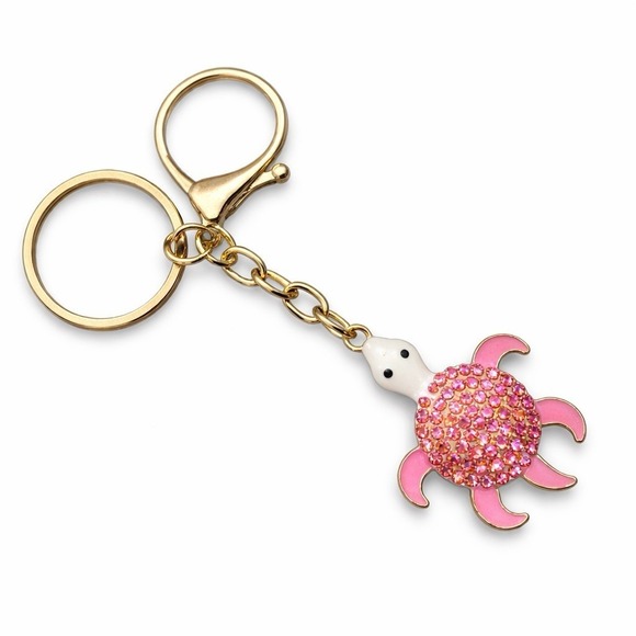Mint Accessories - Pink Rhinestone Sea Turtle Gold Tone Metal Keychain Charm with Clip 4"